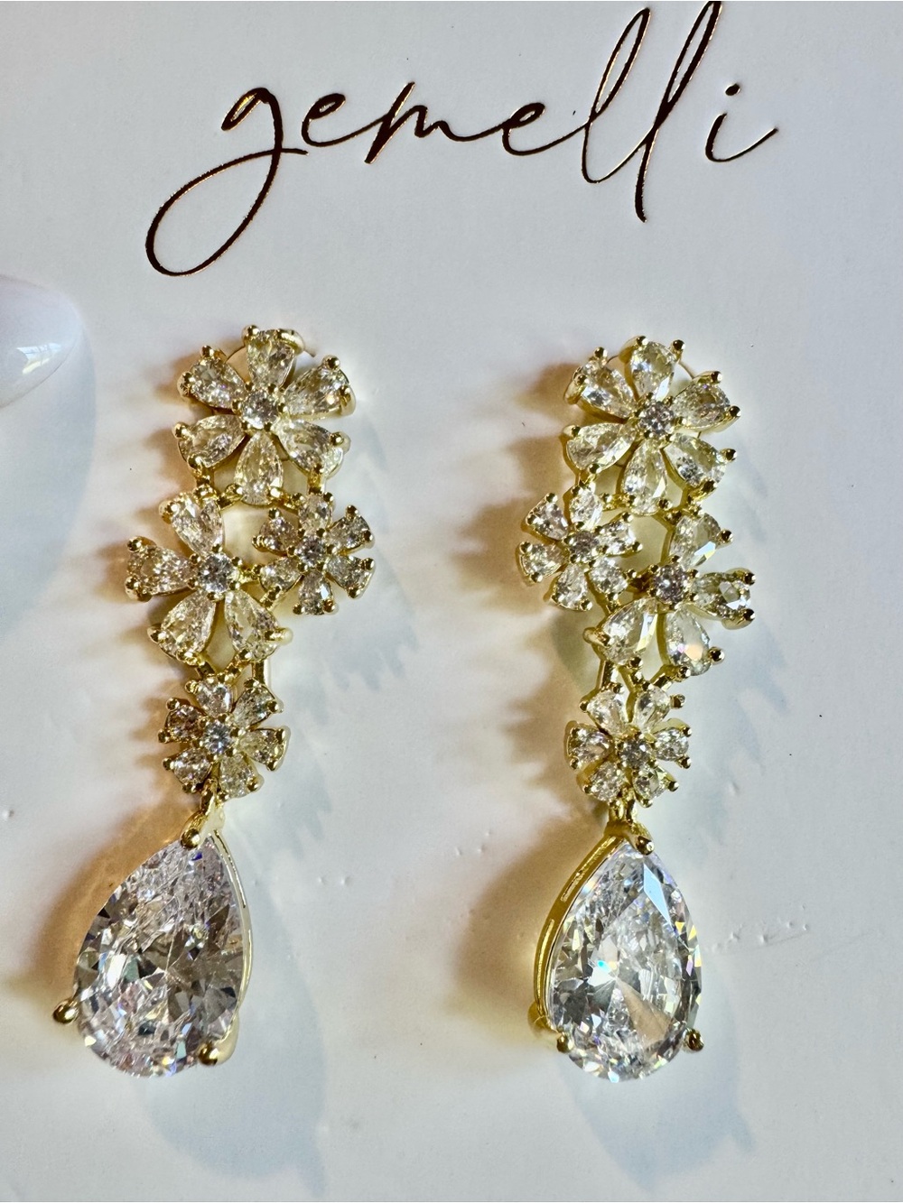 Gemelli Gold Drop Earrings with Clear Crystals - Picture 4 of 5